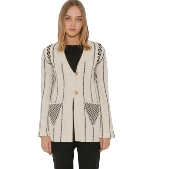 Raquel Allegra Ivory Cardigan Small Aztec Boho Knit with Fringe Detail - Picture 1 of 12